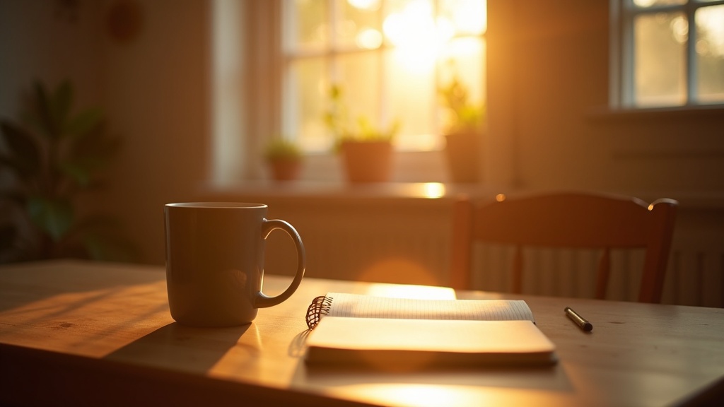 A cheerful kitchen table with a mug, notebook, and rays of sunrise light